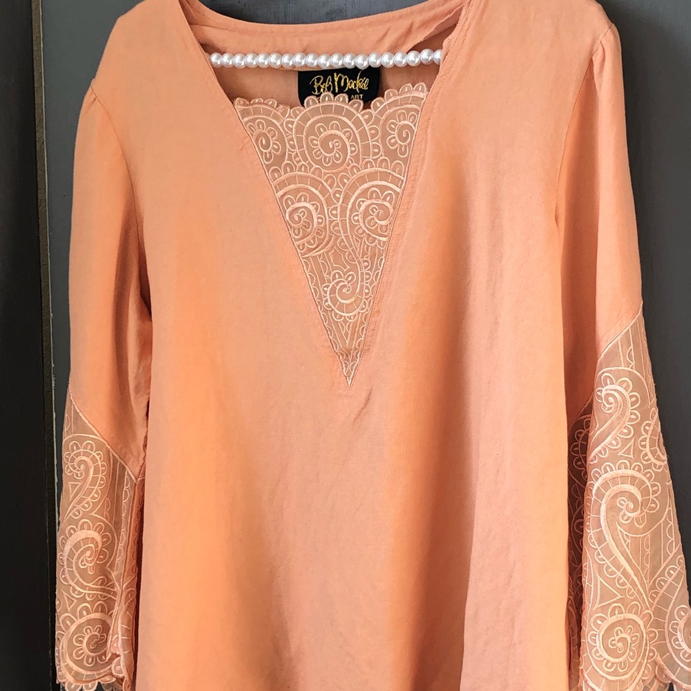 Bob Mackie Top  LG Tunic Peach color with panels semi-sheer pale peach EUC